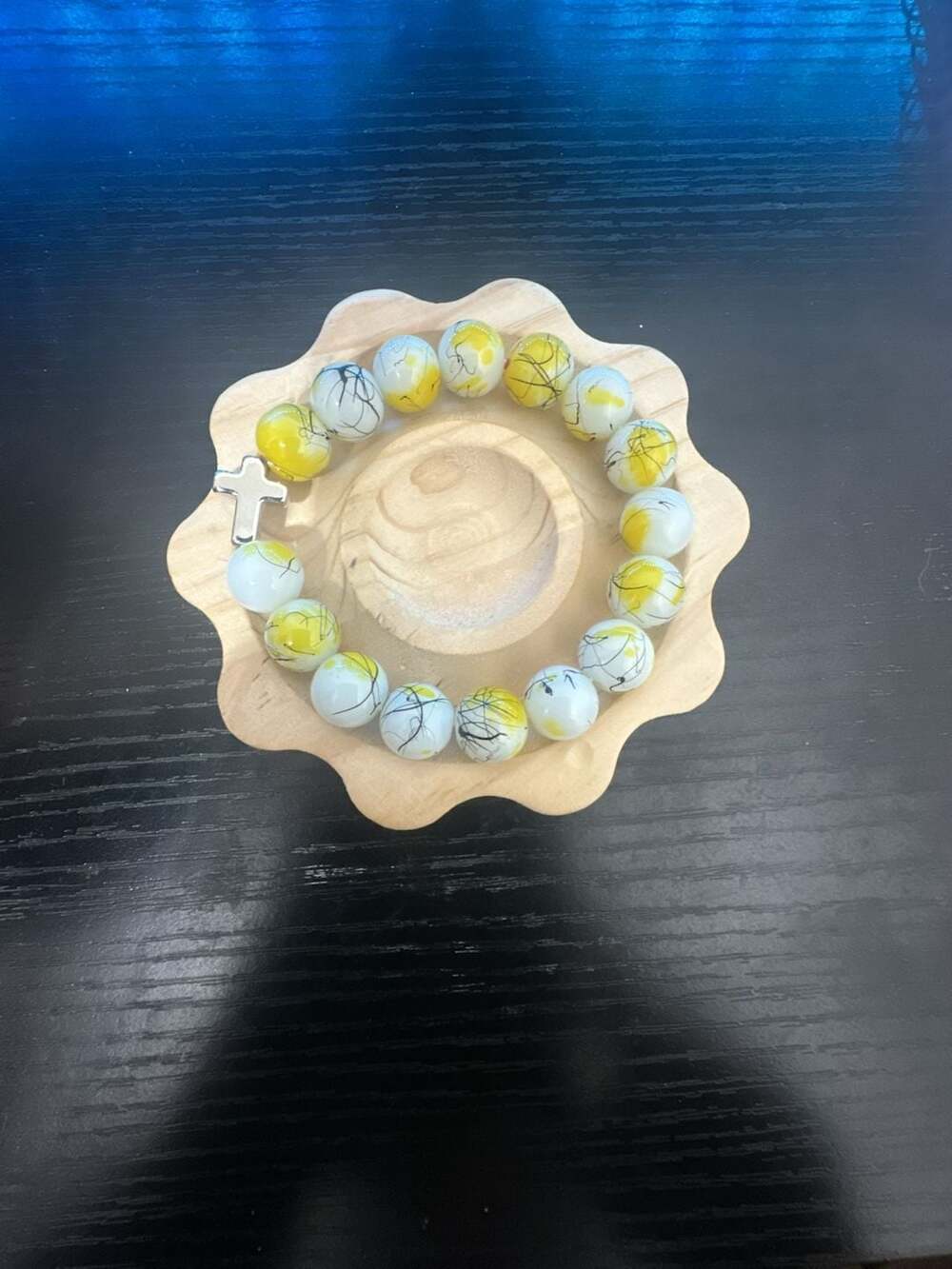 Glass Bead Round Yellow Splatter Beaded Bracelet with Cross Charm
